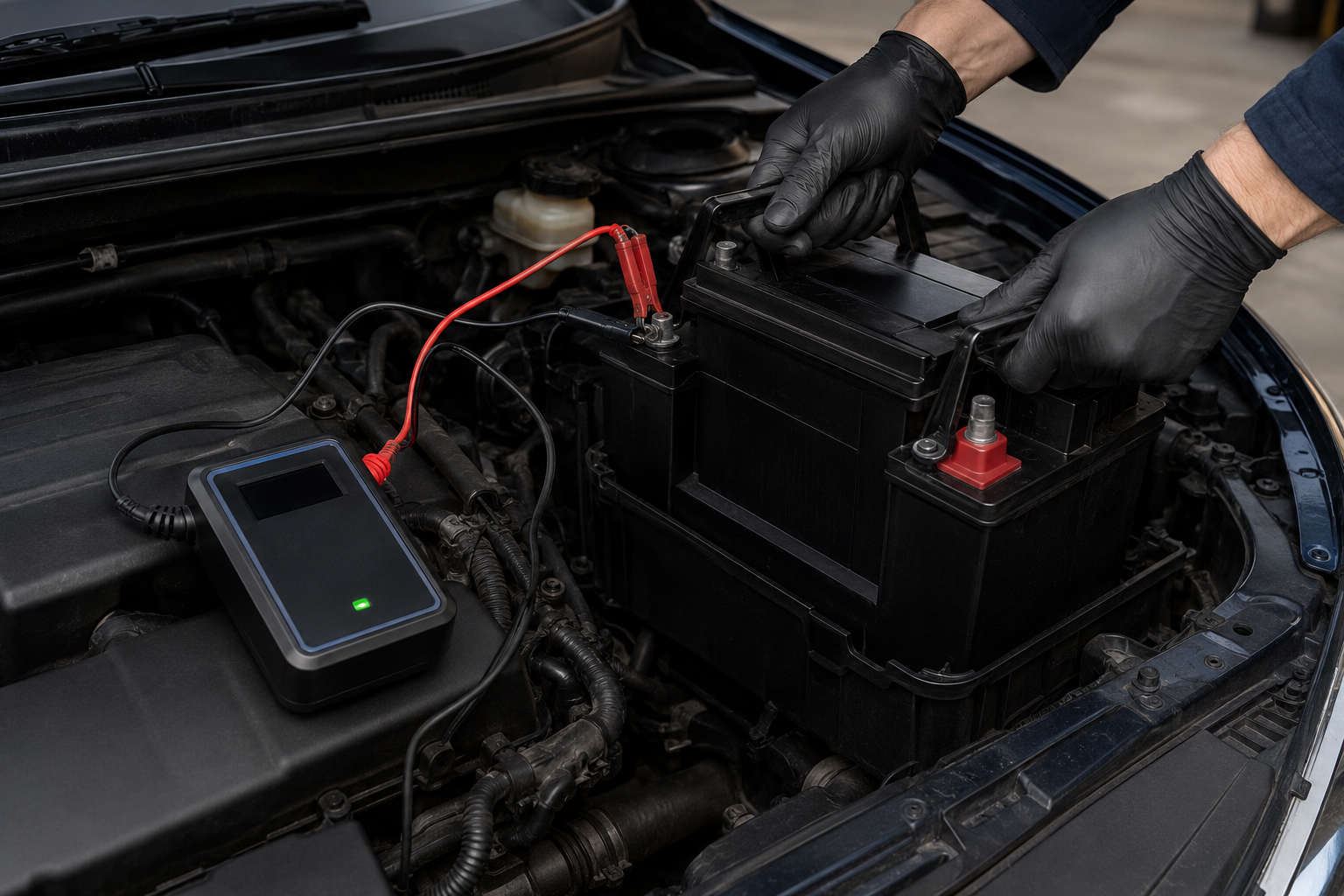 Mécanicien changeant une batterie de voiture avec un boîtier de sauvegarde branché sur l'allume-cigare